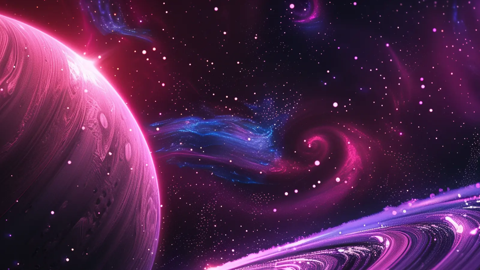 Magenta ringed planet rising over a violet nebula