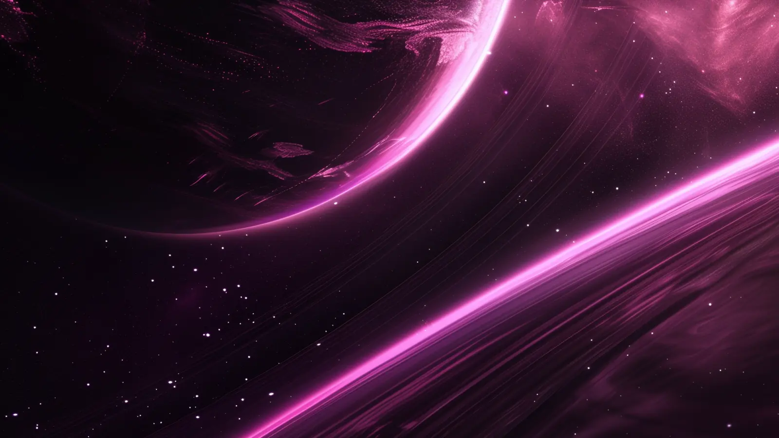 Dark planet edged in magenta light above a bright pink streak