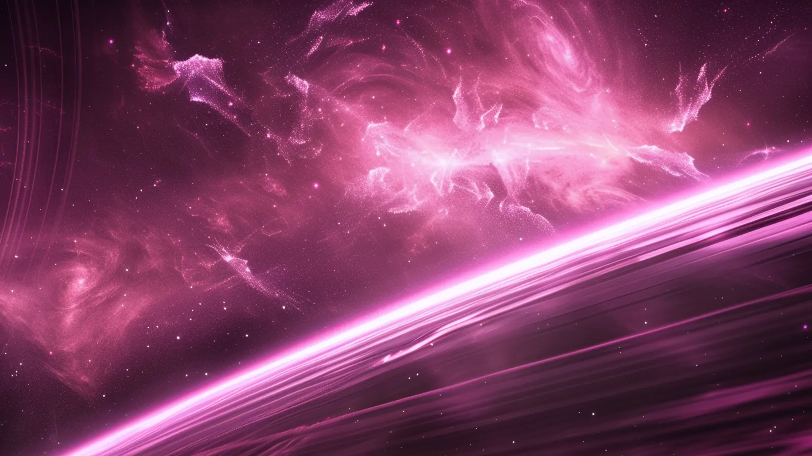 Pink nebula clouds crossed by a bright arc of light